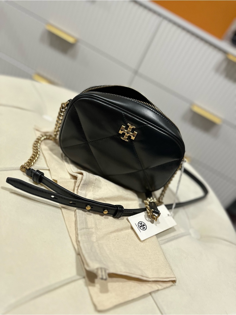 Tory Burch Black Quilted Leather Crossbody with Gold Chain